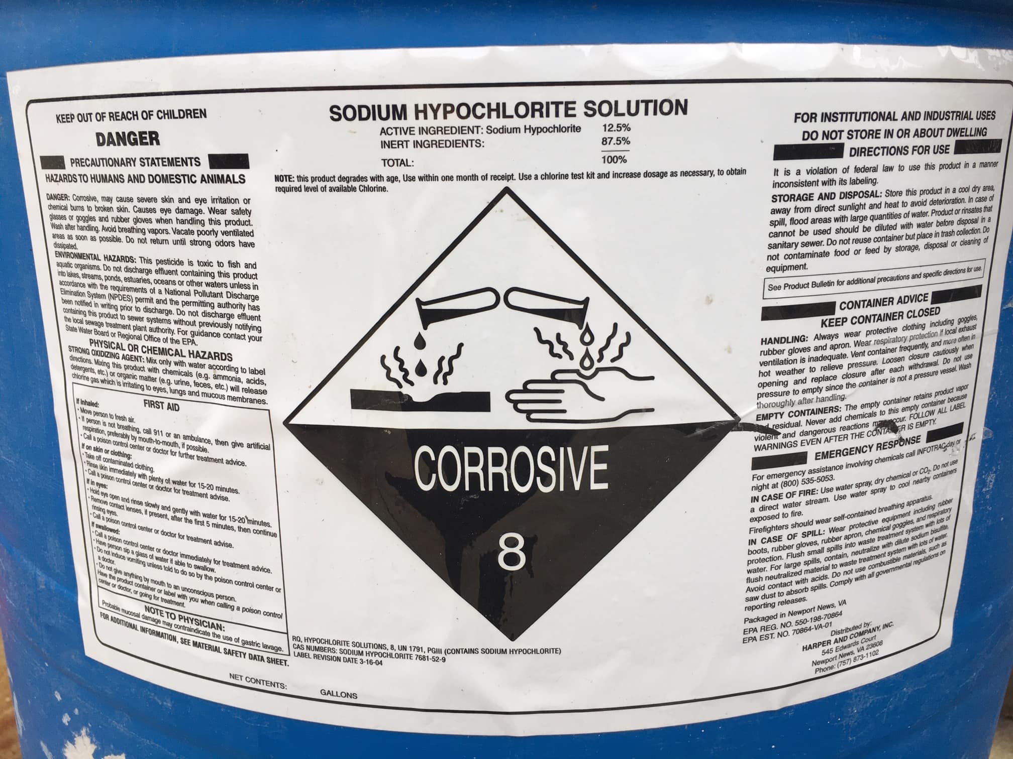 12.5 Sodium Hypochlorite Chlorine Bleach Harper and Company